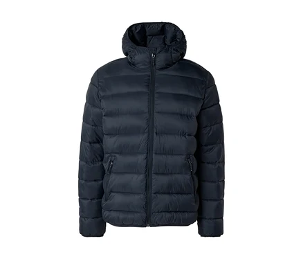 Dunkelblaue Steppjacke mit Kapuze, durchgehendem Reißverschluss und zwei Reißverschlusstaschen an den Seiten.