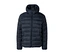 Dunkelblaue Steppjacke mit Kapuze, durchgehendem Reißverschluss und zwei Reißverschlusstaschen an den Seiten.
