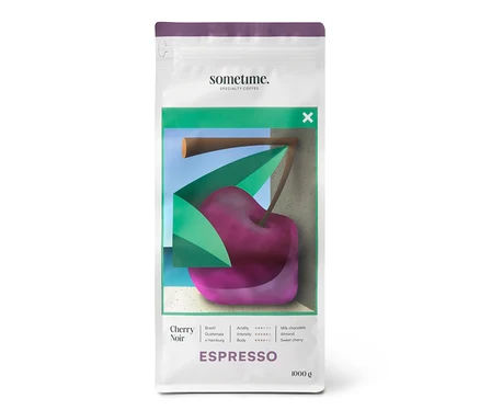Packung sometime - CHERRY NOIR Espresso - 1 kg Ganze Bohne mit einer grafischen Darstellung einer Kirsche.