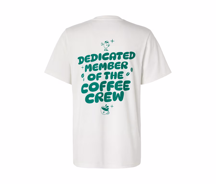 Rückansicht eines weißen Unisex Coffee Crew T-Shirts mit grünem Aufdruck.