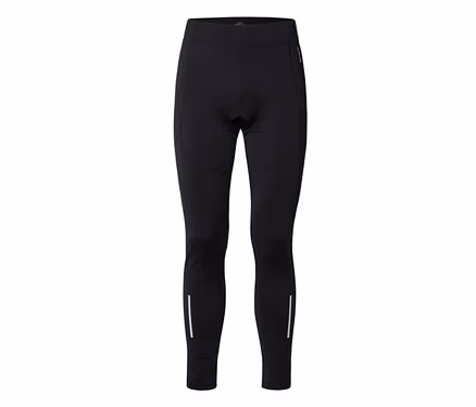 Schwarze Radhose mit gepolstertem Schritt und weißen reflektierenden Streifen an den Unterschenkeln.
