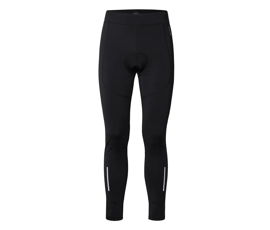 Schwarze Radhose mit gepolstertem Schritt und weißen reflektierenden Streifen an den Unterschenkeln.