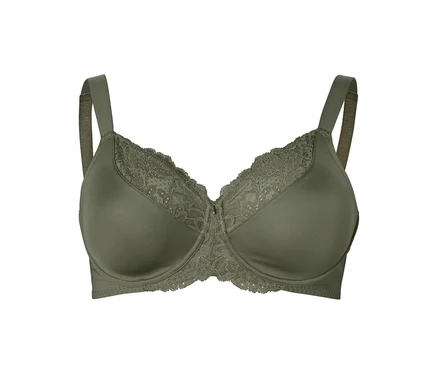 Ein olivgrüner BH mit breiten Trägern und Spitze an den Cups.