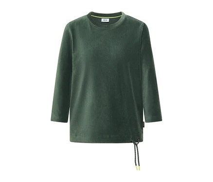 Dunkelgrünes CECIL 3/4-Cordshirt mit Rundhalsausschnitt und Kordelzug am Saum.