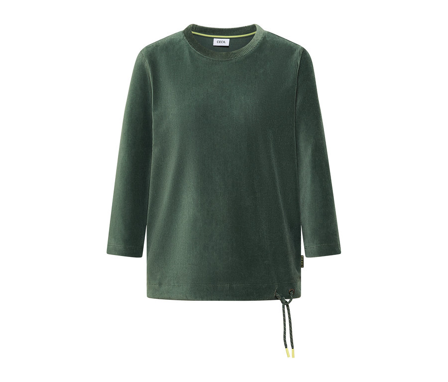 Dunkelgrünes CECIL 3/4-Cordshirt mit Rundhalsausschnitt und Kordelzug am Saum.