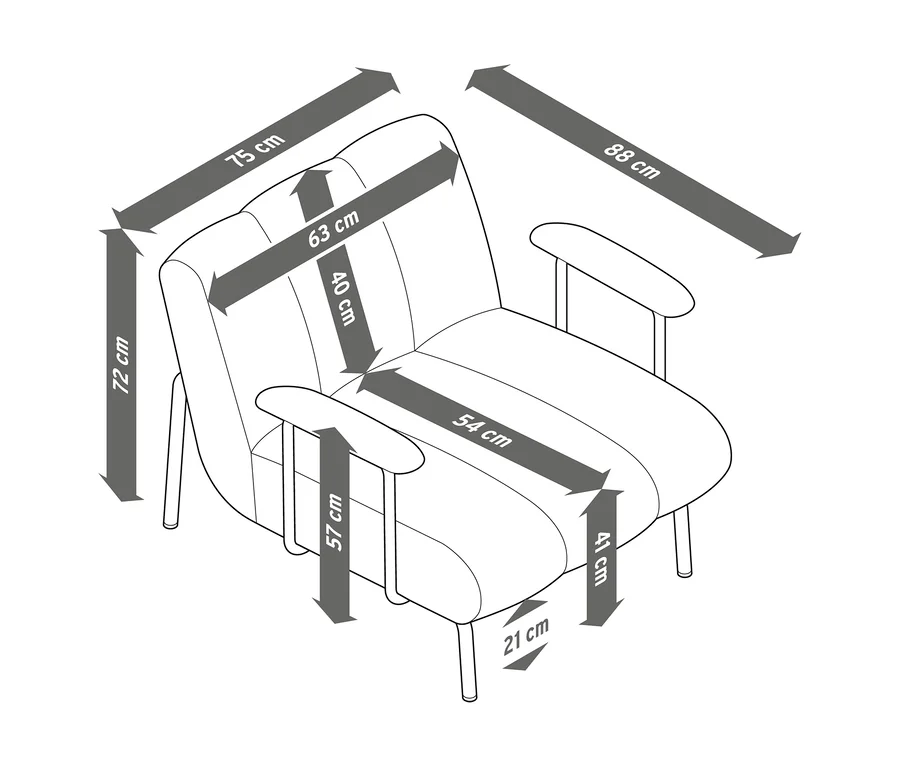 Maßangaben für einen Sessel mit Armlehne: 75 cm B, 88 cm T, 72 cm H. Sitz: 63 cm B, 54 cm T, 41 cm H. Armlehnenhöhe 57 cm.