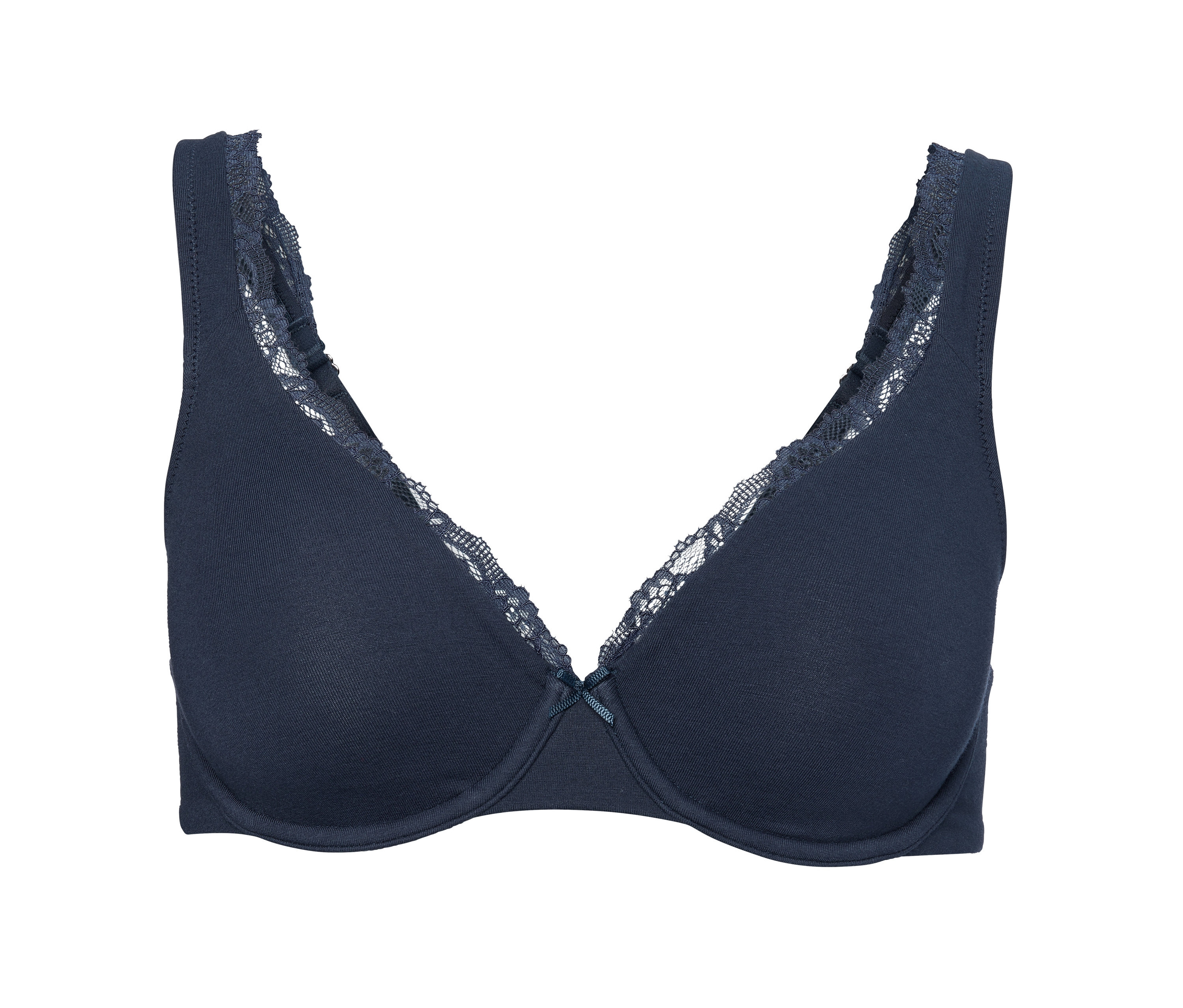 Blauer Bügel-BH mit Spitze.