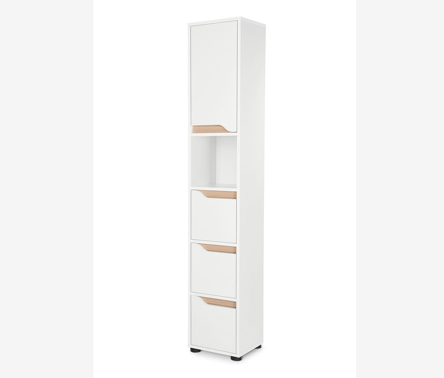 Ein schmaler, weißer Badezimmer-Hochschrank mit einer Tür oben und drei Schubladen mit Holzgriffen.
