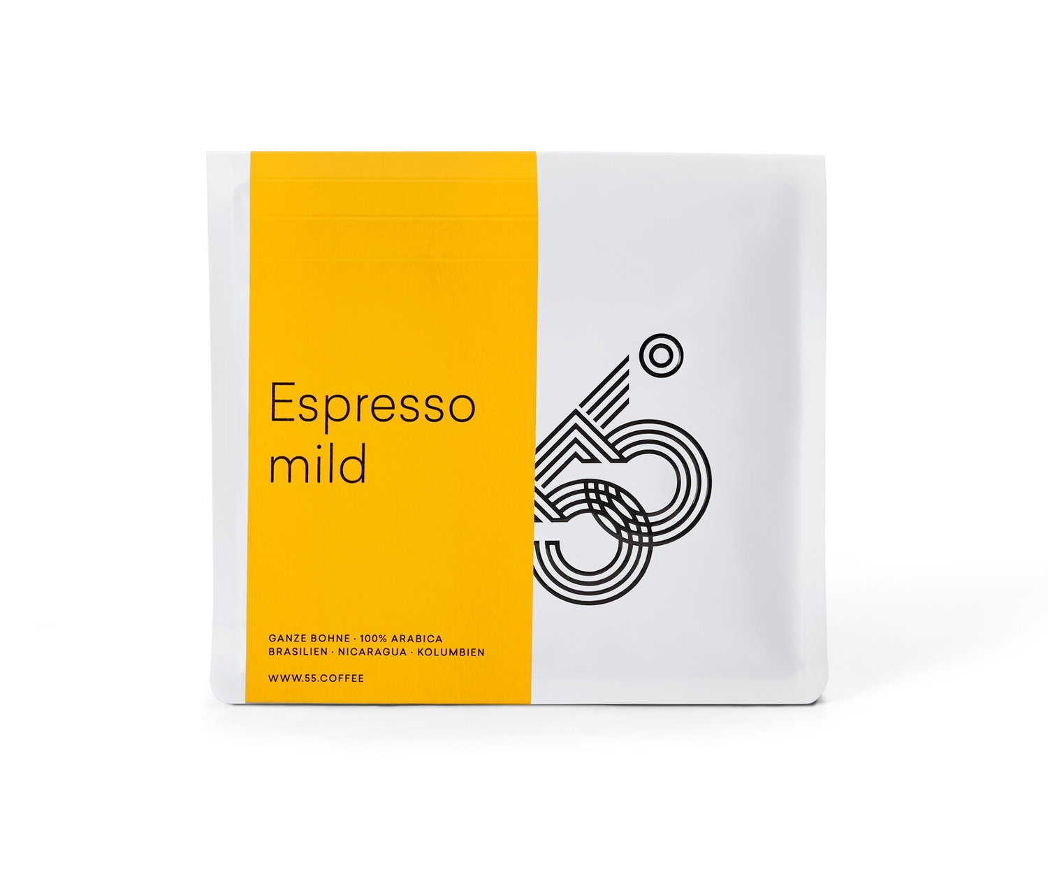 Packung 55 Degrees - Espresso mild - 250 g Ganze Bohne. Gelber Streifen auf weißem Hintergrund.