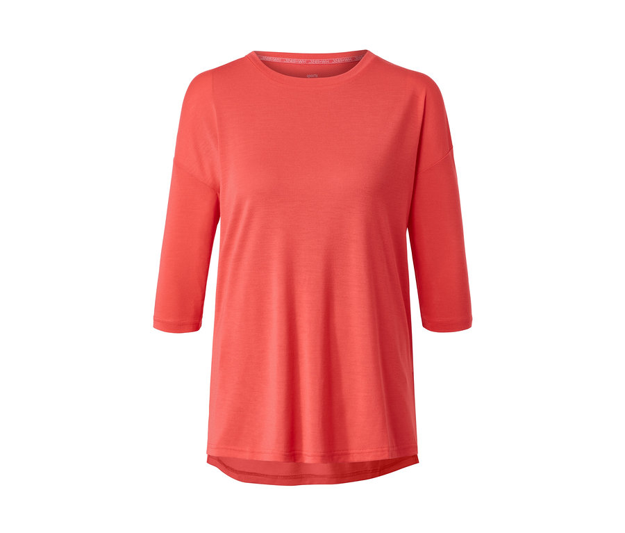 Korallfarbenes Funktionsshirt mit Mesh-Einsatz und Dreiviertelärmeln.