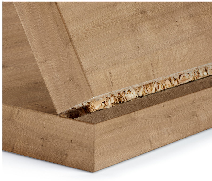 Detailansicht einer offenen Eckverbindung eines Möbels von Flemming in Eichendekor.