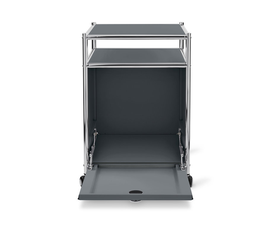 Grauer Rollcontainer Metall »CN3« mit geöffneter Klappe.