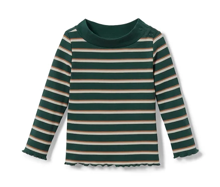 Grün geringeltes Rippshirt mit langen Ärmeln.