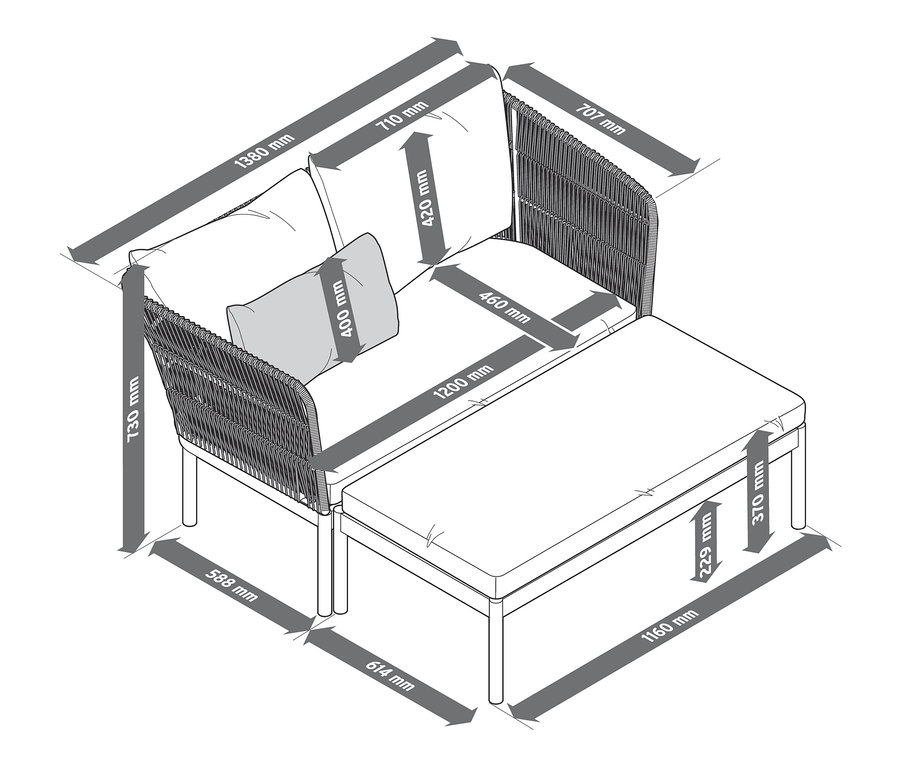 Eine Skizze von einem Outdoor-Loungesofa mit Fußbank und den dazugehörigen Maßen.