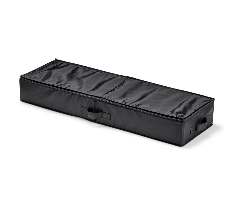 Ein schwarzer Geschenkpapier-Organizer liegt auf einem weißen Hintergrund.