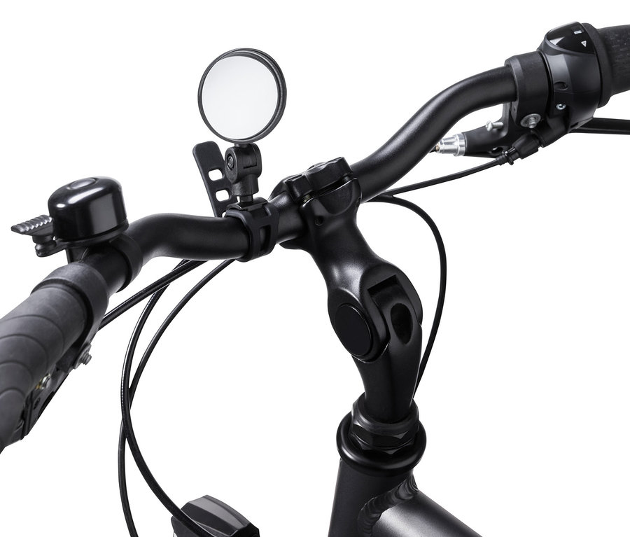 Detailaufnahme eines schwarzen Fahrradlenkers mit Mini-Fahrradspiegel.
