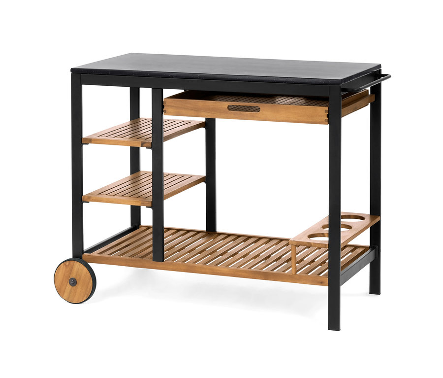 Grillwagen »Elin« mit Schublade und Beton-Arbeitsfläche, Holzregalen und schwarzem Rahmen.