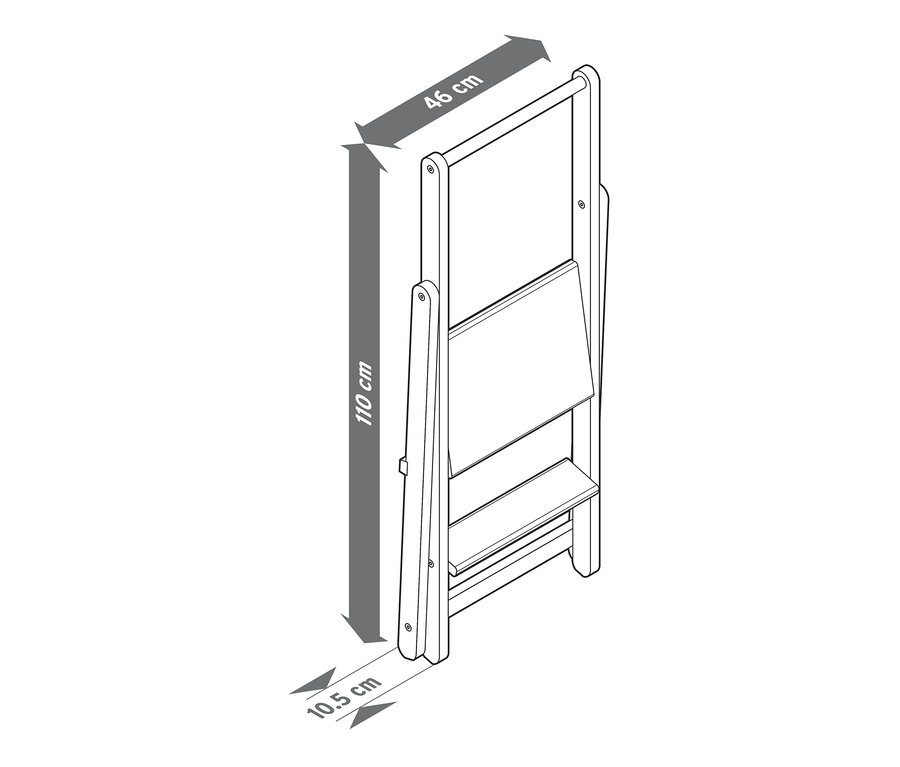 Illustration einer Trittleiter aus Massivholz mit Maßangaben.
