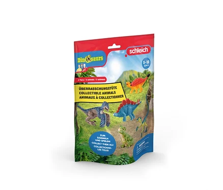 Eine Schleich Überraschungstüte »Mini-Dinosaurier«, Serie 2 mit Abbildungen von Dinosauriern.