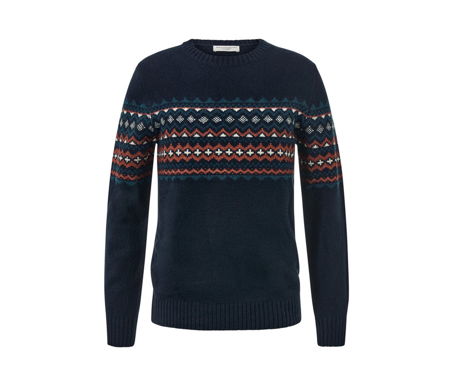 Marineblauer Strickpullover mit geometrischem Muster.