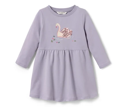 Lila Kinder-Sweatkleid mit Schwan-Applikation mit Pailletten auf der Brust.