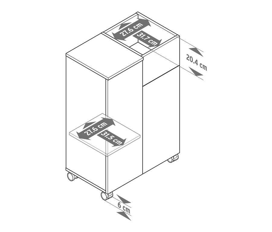 Umriss eines Highboards auf Rollen mit Bemaßung.