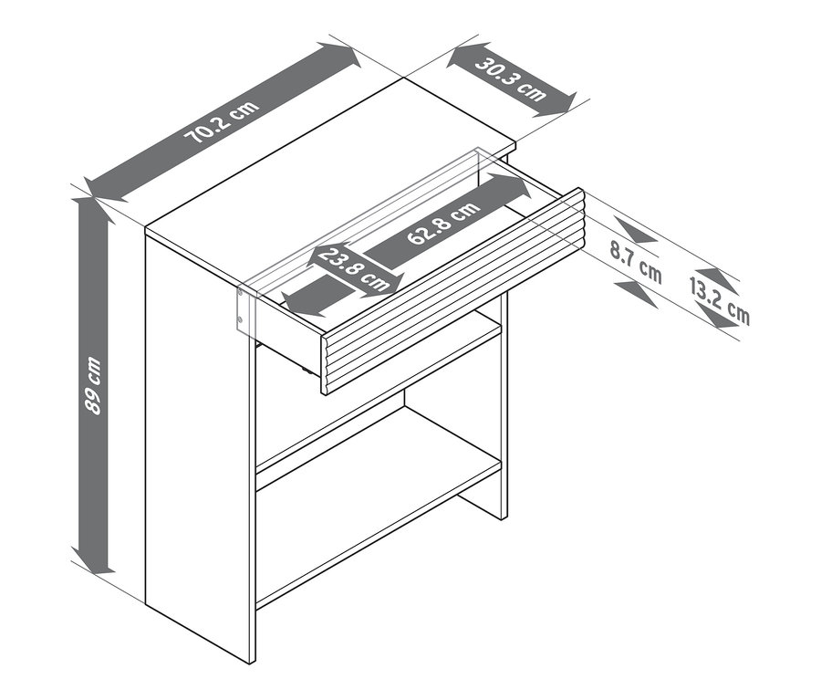 Abbildung einer Konsole mit Schublade und den dazugehörigen Maßen.