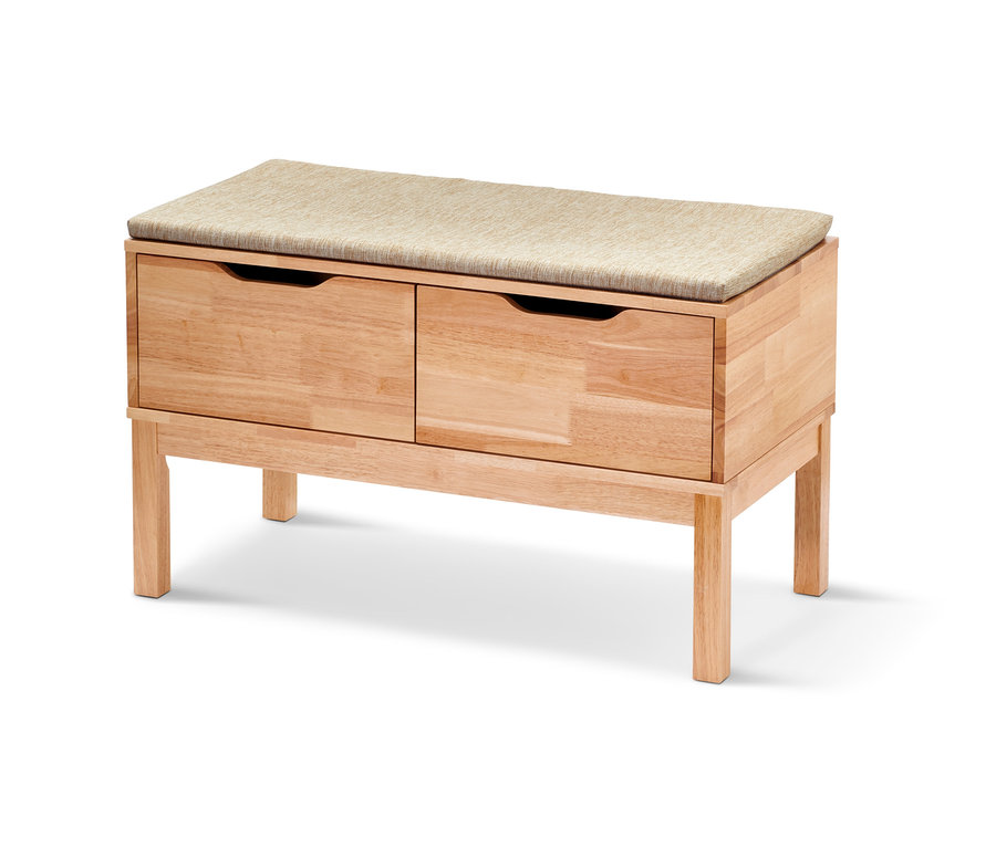 Helle Holz Sitzbank mit Schubladen und beige gepolsterter Sitzfläche.