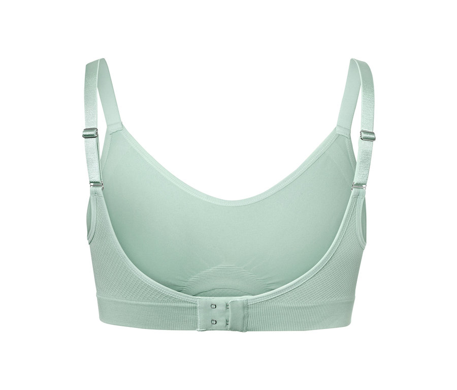Detailansicht der Rückseite eines nahtlosen Sport-BHs in Salbeigrün.