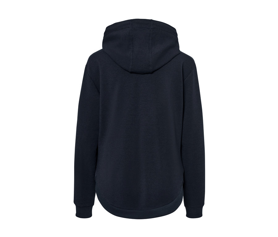 Dunkelblauer Kapuzen-Sweatpullover von hinten.
