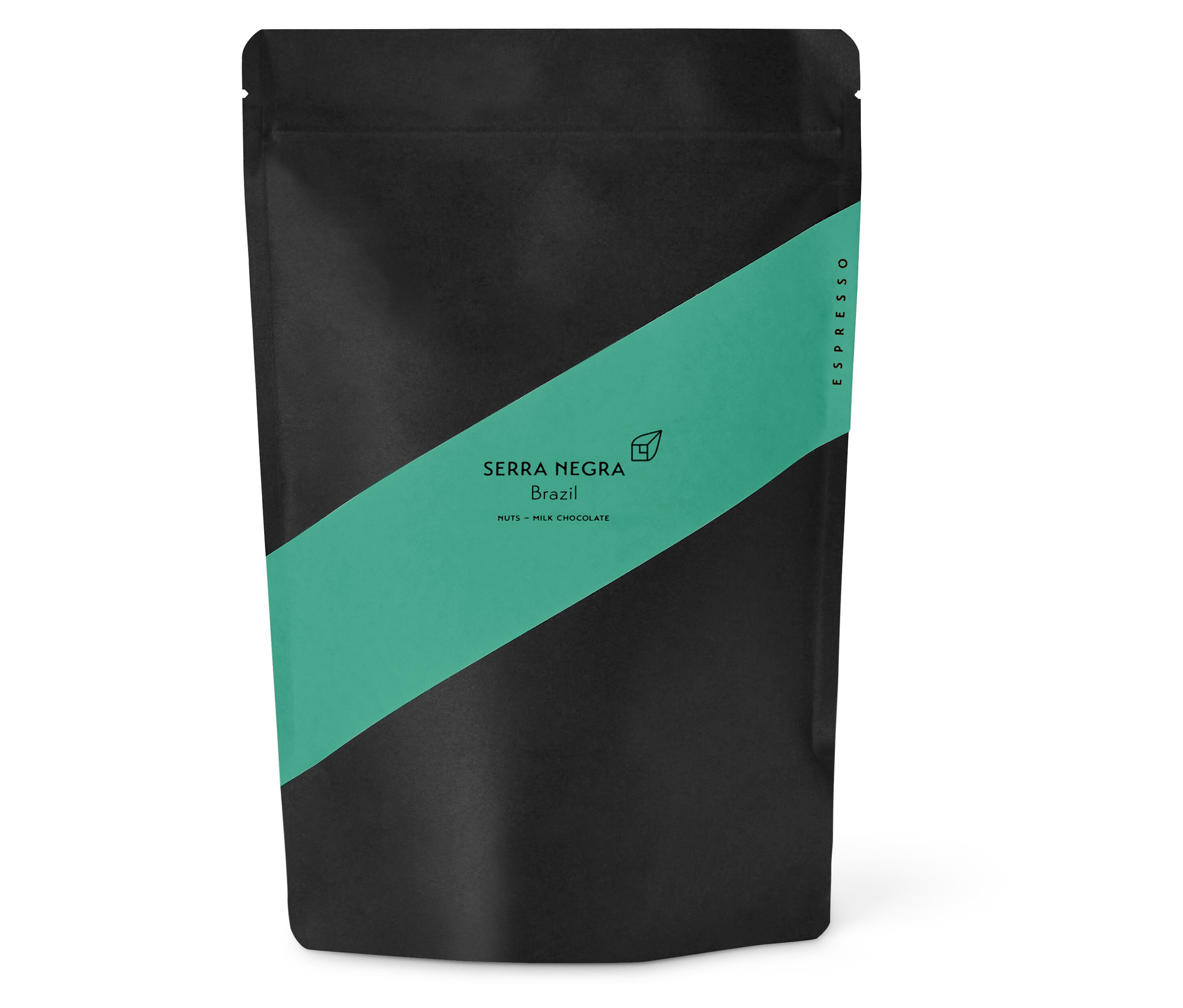 Schwarze Packung Kaffeekirsche - Serra Negra Espresso - 250 g Ganze Bohne mit diagonalem grünem Streifen.