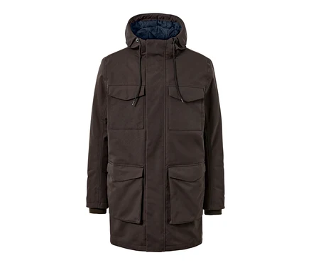 Brauner Parka mit Kapuze und mehreren Taschen.