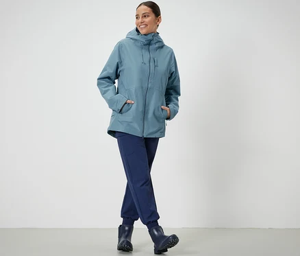 Frau steht und posiert in einer hellblauen Funktions-Outdoorjacke.