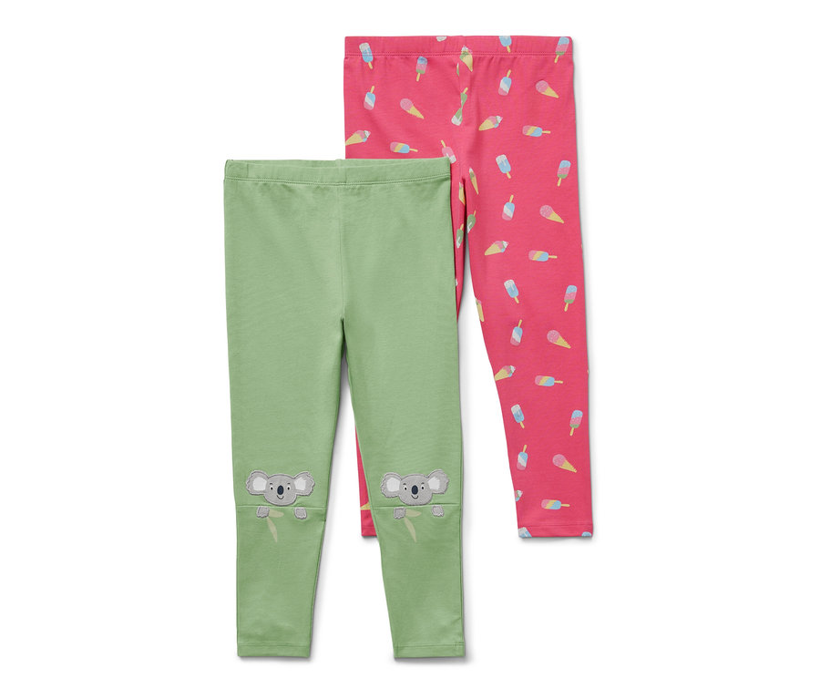 Zwei Kinder-Leggings: eine grün mit Koalas, die andere rosa mit Eis.