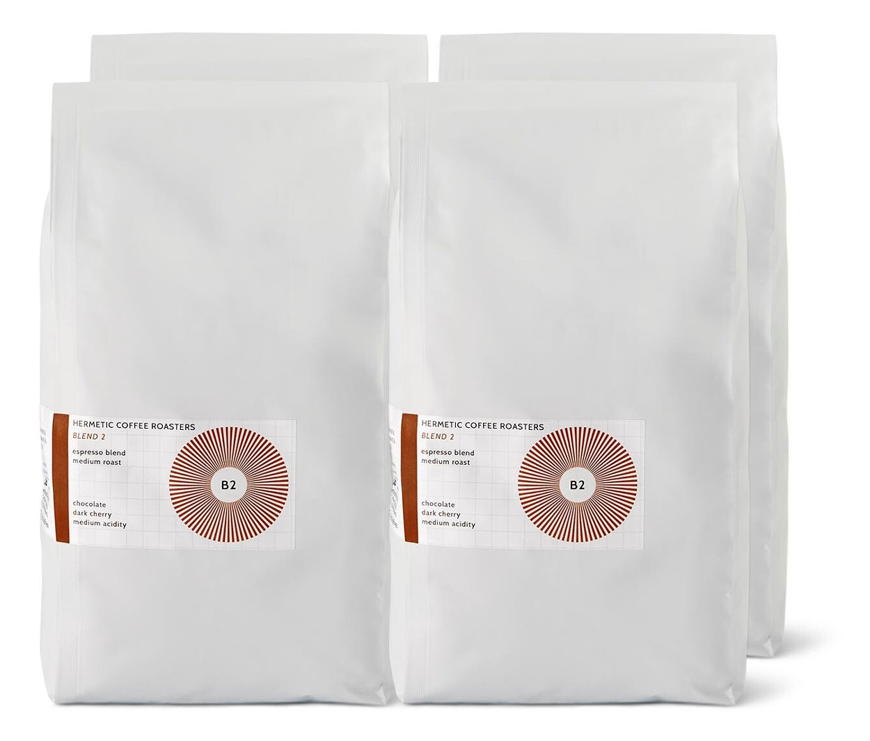 Vier weiße Packungen Hermetic - B2 Espresso - 4 x 1 kg Ganze Bohne.