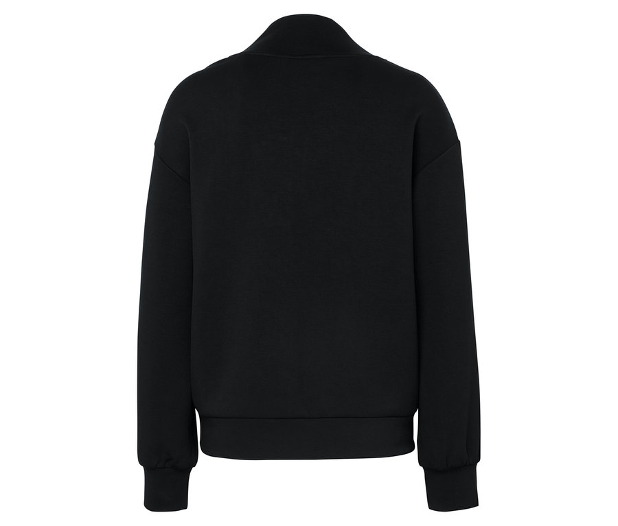 Rückansicht eines schwarzen Sweatshirts mit Reißverschluss.