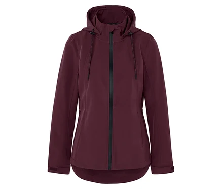 Weinrote Jacke mit Kapuze und schwarzem Reißverschluss in der Mitte.