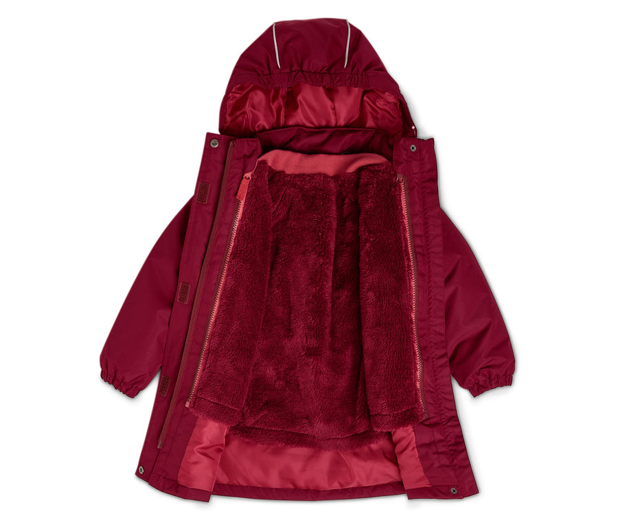 Offene rote Jacke mit Kapuze und Plüschfutter.