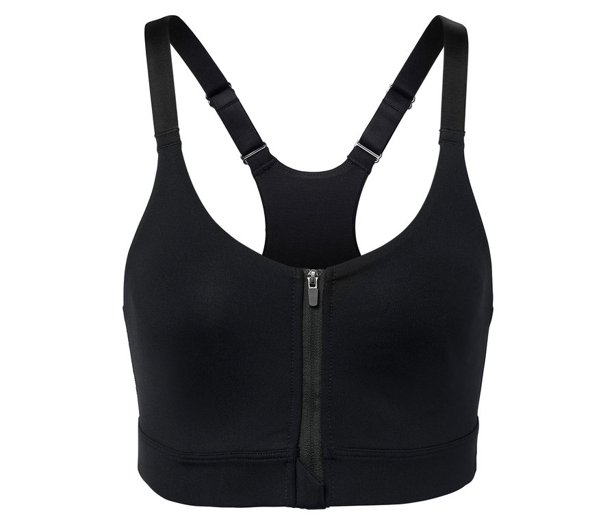 Schwarzer Sport-BH mit Reißverschluss in der Mitte.