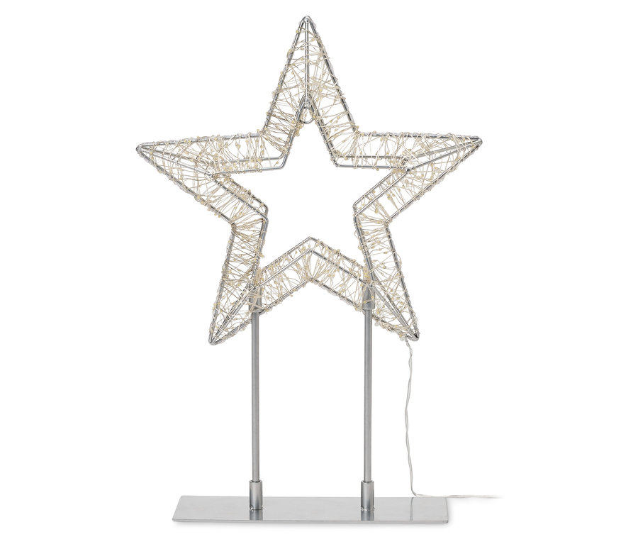 Silberner Drahtstern mit LED-Lichtern auf einem silbernen Sockel.