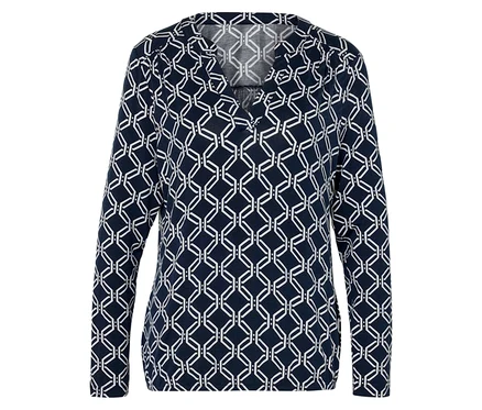Langärmlige Damenbluse, dunkelblau mit weißem geometrischem Muster.