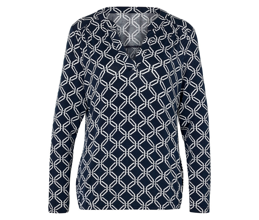 Langärmlige Damenbluse, dunkelblau mit weißem geometrischem Muster.
