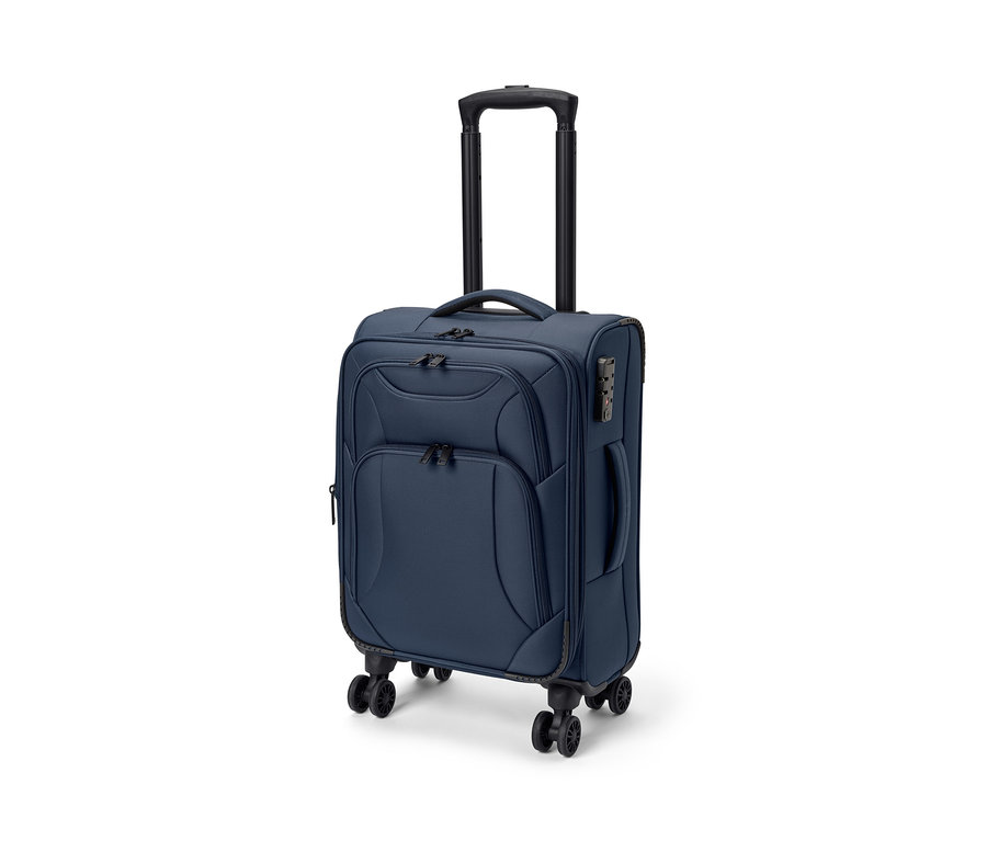 Blauer Textilkoffer, klein, mit schwarzem Teleskopgriff und Rollen.