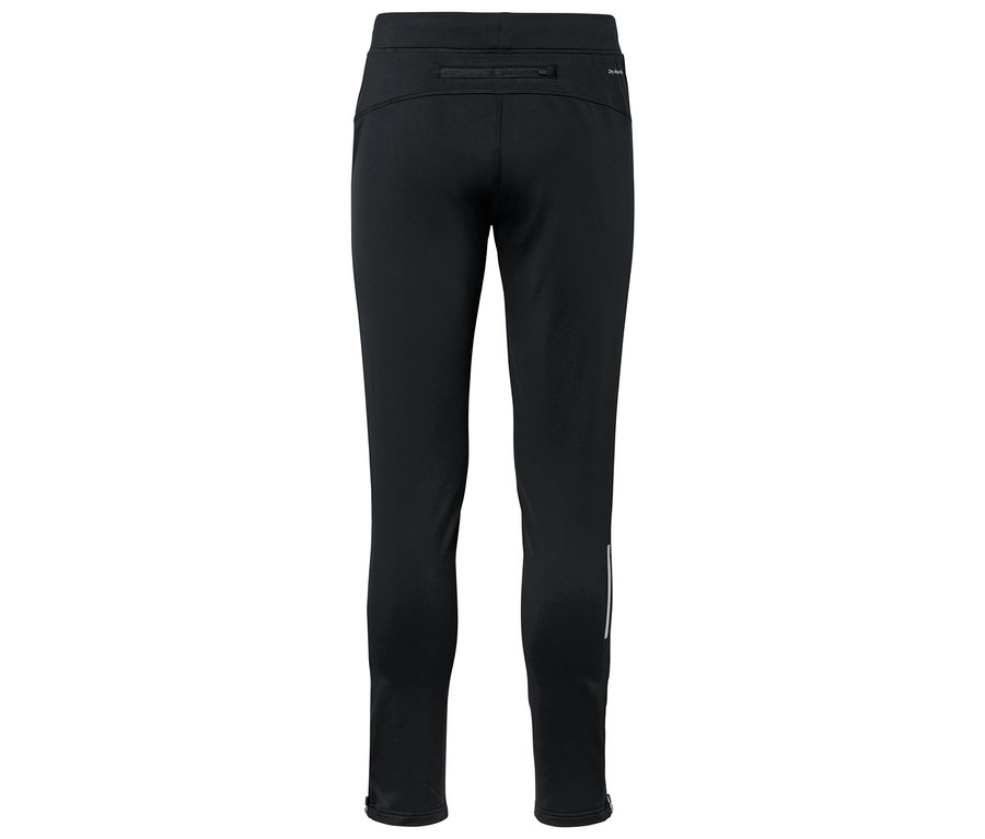 Schwarze Sport-Tights mit reflektierendem Streifen am unteren Bein.