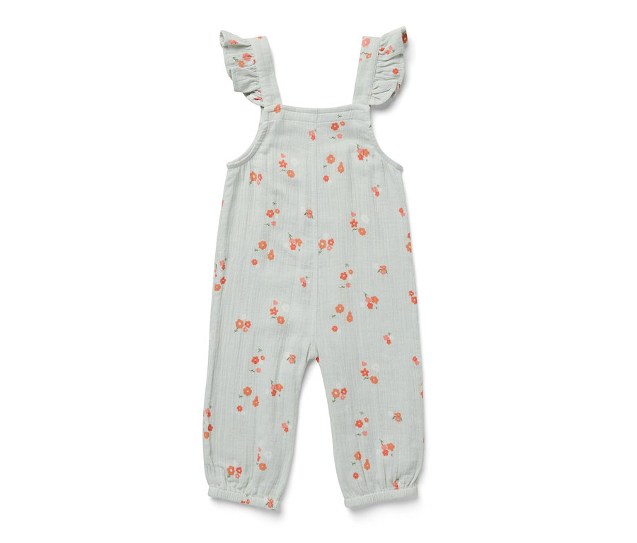 Heller, mintgrüner Kinder-Musselin-Strampler mit orangefarbenen Blumen.