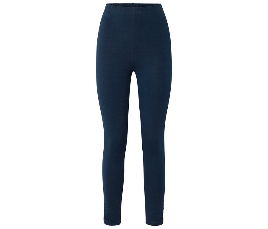 Dunkelblaue Leggings mit Raffungen an den Knöcheln.
