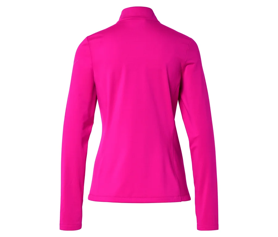 Rückansicht einer pinkfarbenen, langärmeligen Jacke mit Stehkragen vor einem weißen Hintergrund.