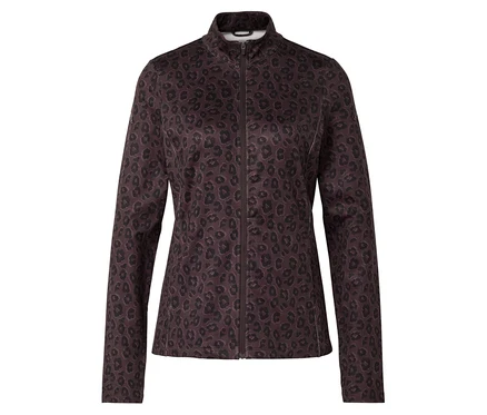 Jacke mit durchgehendem Reißverschluss und Leopardenmuster.