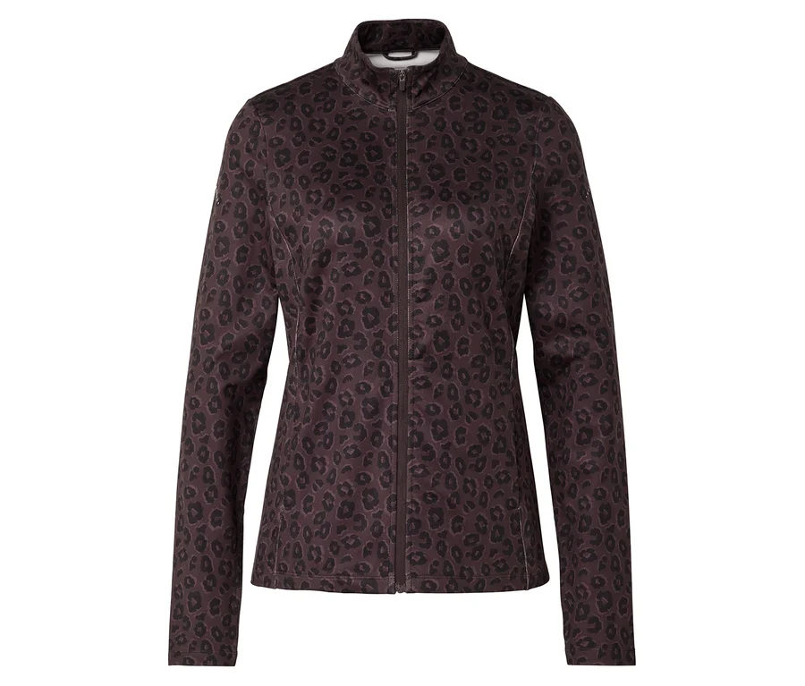 Jacke mit durchgehendem Reißverschluss und Leopardenmuster.