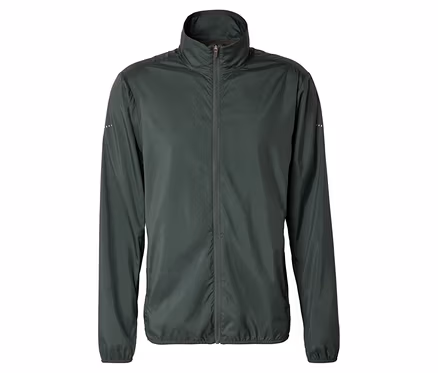 Dunkelgrüne, lange Trainingsjacke mit Reißverschluss und Stehkragen vor weißem Hintergrund.